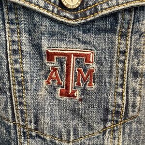 NWT- Texas A&M Jean jacket Jacket with Embroidered Logos on front, rear, L